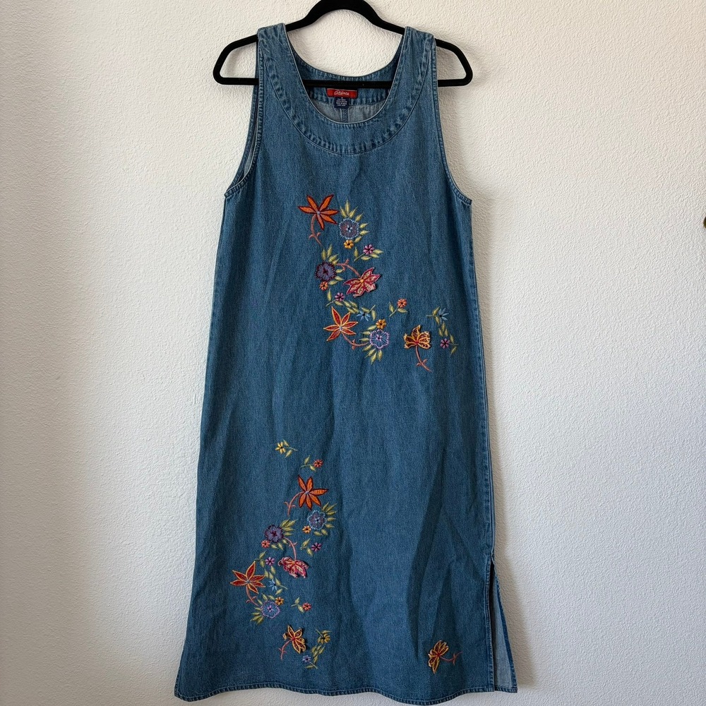 Agapo Denim Maxi Dress Women S Blue Floral Embroidered Vintage Sleeveless 90s